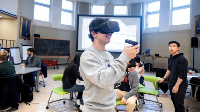 Students wearing VR headsets